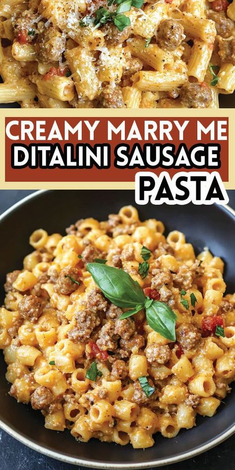 Ingredients: 8 ounces ditalini pasta, cooked al dente 1-2 tablespoons avocado oil 8 ounces mild Italian ground sausage ½ cup sweet onion, diced small 2 cloves garlic, minced 1-1.5 tablespoons tomato paste Pinch of kosher salt, to taste Few turns cracked black pepper, to taste ½ – ¾ cup low sodium chicken broth ¾ – 1 cup heavy cream ½ cup parmesan cheese, grated Red pepper flakes (optional garnish) #Ditalini #Sausage #Pasta #Quickandeasyrecipe Pasta Dishes With Ground Sausage, Creamy Marry Me Ditalini Sausage Pasta, Sausage Ditalini Pasta, Creamy Sausage Pepper Pasta, Heavy Cream Recipes Dinner Pasta, Ground Chicken Sausage Pasta, Italian Sausage Cream Sauce, Creamy Italian Sausage Ditalini, Creamy Pasta With Italian Sausage