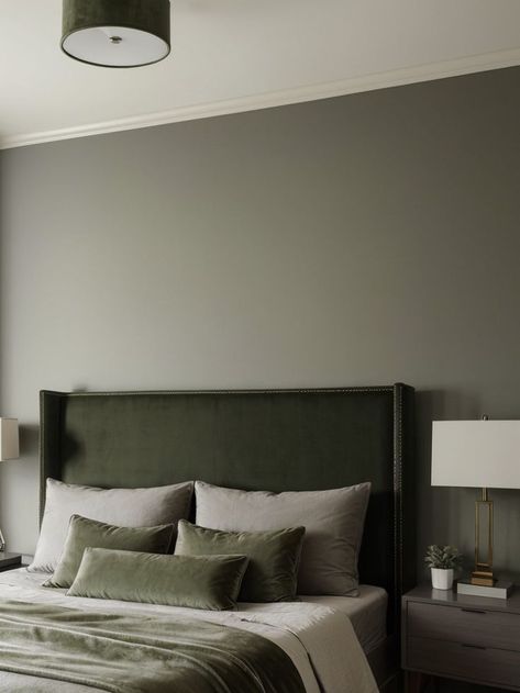 Grey Olive Green Bedroom, Olive Green Bed Sheets Aesthetic, Khaki Headboard Bedroom, Olive And Gray Bedroom, Bedroom With Olive Green Accents, Light Olive Green Bedroom, Green And Grey Bedroom Aesthetic, Black And Olive Green Bedroom, Olive Green And Grey Bedroom