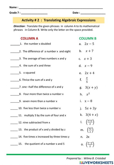 Writing Algebraic Expressions Activities, Translating Words Into Algebraic Expressions, Simplify Algebraic Expressions, Algebra Worksheets For Grade 6, Algebraic Expressions Activities, Algebraic Expressions Worksheet, Basic Algebra Worksheets, Algebra Equations Worksheets, Translating Algebraic Expressions