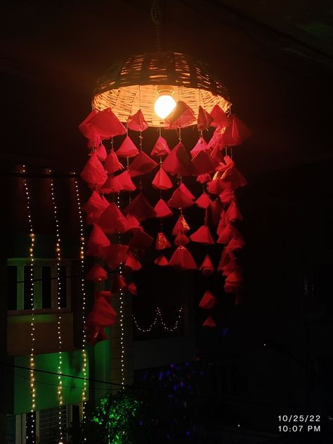 Made from bamboo basket, saree tassels and light bulb. For diwali decoration, wedding declaration, photoshoot. Lights Decoration For Diwali, Bamboo Basket Decoration Ideas, Bamboo Basket Decoration, Diwali Light Decoration, Diy Diwali Lanterns, Diwali Theme, Diwali Lamp, Hand Made Lamp, Bottle Art Projects