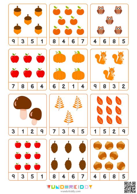 Printable Fall Theme Count And Clip Cards Math Game for Preschool Kindergarten Logic Worksheets, Fall Activity For Preschool, Counting Games For Preschoolers, Maths Activity For Kindergarten, Autumn Theme Preschool, Autumn Counting Activities, Preschool Fall Worksheets, Autumn Kindergarten Activities, Autumn Preschool Activities