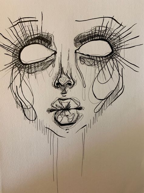 Drawing Of A Person Painting, Funky Art Drawings Sketch, Trippy Face Drawing, Funky Drawing Ideas, Weird Art Sketches, Edgy Sketches, Grunge Sketches, Grunge Art Sketches, Weird Sketches