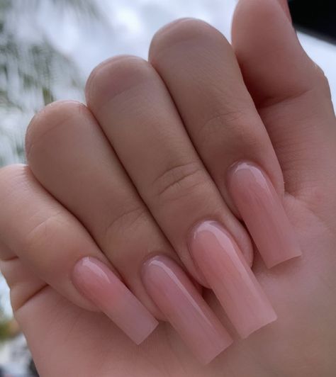 Natural Milky Pink Nails, Pink And White Ombre Nails Square Long, Straight Nails Acrylic, Long Natural Nails Acrylic, Plain Nude Acrylic Nails, Long Neutral Acrylic Nails, Nails Acrylic One Color, French Tip Nails With Pink Base, C Curve Nails Acrylics