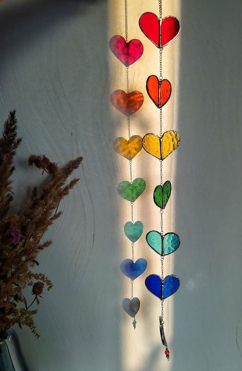 Mama Anya, Valentines Day Decoration, Glass Garland, Spectrum Glass, Rainbow Colour, Stained Glass Decor, Stained Glass Diy, Stained Glass Crafts, Stained Glass Designs