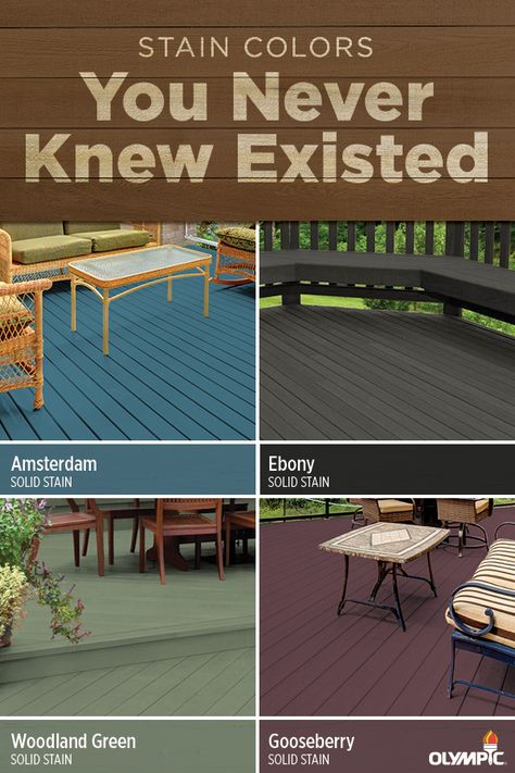 These days, picking a stain isn’t just about choosing an opacity—it’s also about color. In fact, the right shade can do a lot to elevate the look of your outdoor space. Take, for instance, these four unexpected solid stain colors: Amsterdam, Ebony, Woodland Green and Gooseberry. Depending on your taste and outdoor furniture, a bold stain color can turn your deck into a space that turns heads. Dock Stain Colors, Colored Deck Stain Ideas, Green Deck Stain, Solid Color Deck Stain Ideas, Outdoor Deck Paint Color Ideas, Patio Stain Colors, Green Deck Paint, Deck Painting Ideas Wood, Deck Paint Colors Ideas