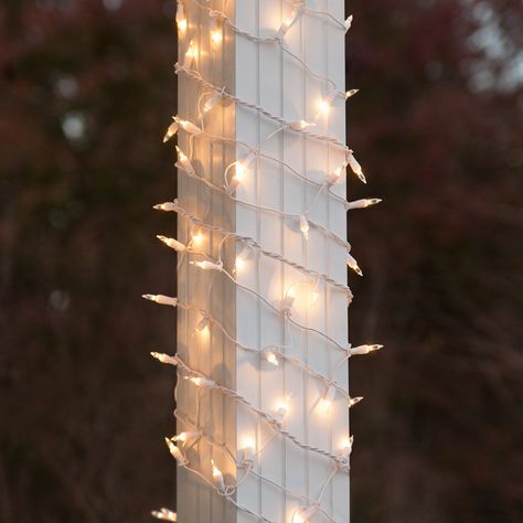 White Wire Christmas Lights, Christmas Net Lights, Column Lights, Column Wraps, Column Wrap, Christmas Lights Outside, Diy Christmas Lights, Net Lights, Wrapped Lights