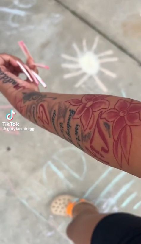 Red Arm Sleeve Tattoo, Black And Red Arm Tattoo Women, Red Arm Sleeve Tattoos For Women, Red And Black Arm Tattoo, Red Inner Arm Tattoo, Black And Red Tattoos For Women, Flower Tattoos Black Women, Red Arm Tattoos For Black Women, Res Tattoo On Black Women