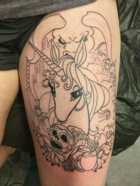 The Last Unicorn Tattoo Ideas, The Last Unicorn Tattoo, Last Unicorn Tattoo, Tattoo Unicorn, Unicorn Tattoo Designs, Fandom Tattoos, Unicorn Tattoo, Dinosaur Tattoos, Literary Tattoos