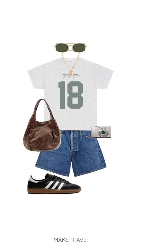 college outfit, back to school outfit, first day of school outfit, msu shirt, Michigan state outfit, game day outfit, MSU apparel, msu clothes, msu shirt, Michigan state tshirt, fall outfits, outfit ideas, ootd, class outfit, college class outfit, casual outfit, jorts, jean shorts, tote bag, leather purse, cool sunglasses, gold sunglasses, gold sunglasses, digital camera, camera, sambas, adidas sambas, adidas shoes, heart necklace, charm necklace, gold necklace, miu miu, dressed to impress Michigan State Outfit, College Class Outfits Summer, First Day Of College Outfits Summer, Class Outfit College, Msu Outfit, Michigan State Apparel, Outfit First Day Of School, College Class Outfits, Miu Miu Purse