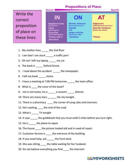 In On At Prepositions Of Place, Preposition Of Place Worksheet, Place Worksheet, In On At, 2560x1440 Wallpaper, Activities For Adults, English As A Second Language (esl), English As A Second Language, Interactive Activities