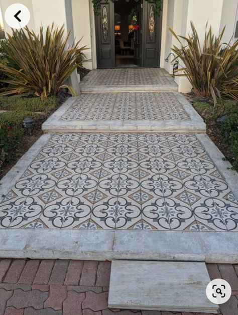 Tiled Front Walkway, Decorative Outdoor Floor Tiles, Mosaic Tiles Front Porch, Outdoor Tile Front Entry, Peel And Stick Concrete Tile, Tiles Front Door Step, Beautiful Entrances Entryway, Tiled Entrance Way, Patio Tiles Outdoor Flooring Modern