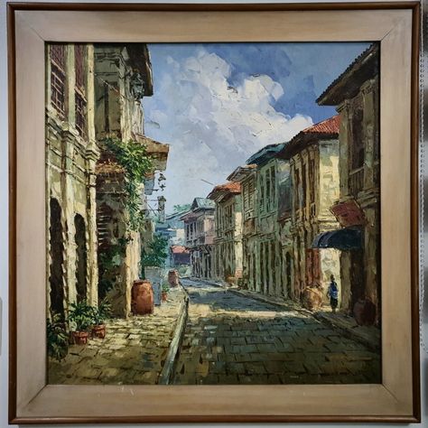 Acquired this painting in early 2000. Artist is Ferdel Gonzales from an art hub in Malate. Not much is known about him or this painting. I just assumed this is in Crisologo St in Vigan Philippine. Online resources are limited. Philippines Landscape Painting, Vigan Philippines, Philippine Art, Vigan, Art Hub, Landscape Paintings Acrylic, Philippines, Home Art, Landscape Paintings