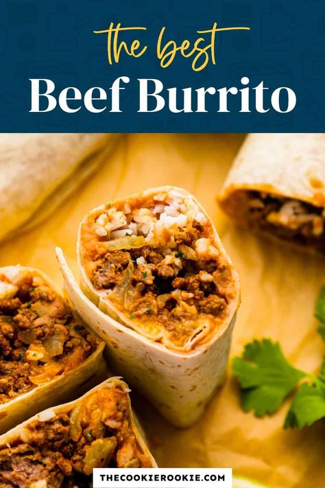 This easy Beef Burrito recipe is hearty, filling, and sure to taste just as good as your favorite Mexican restaurant! Seasoned ground beef, refried beans, cheese, rice, and salsa are loaded into flour tortillas to make these tasty beef burritos. Bean And Rice Burrito Recipe, Beef Bean Rice And Cheese Burritos, Homemade Beef Burritos, Giant Burrito Recipe, Easy Ground Beef Burrito Recipe, Ground Beef And Cheese Burritos, Beef Cheese Burrito, Beef Bean And Rice Burritos, Ground Beef And Refried Beans Recipes