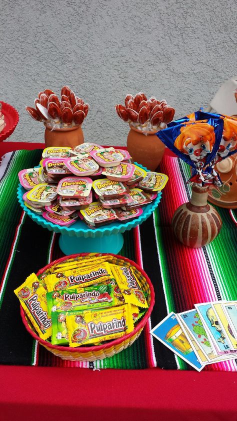 Mexican candy Mexican Candy Display, Mexican Centerpiece, Chamoy Candy, Candy Props, Candy Tables, Candy Centerpieces, Mexican Fabric, Birthday Display, Mexican Candy