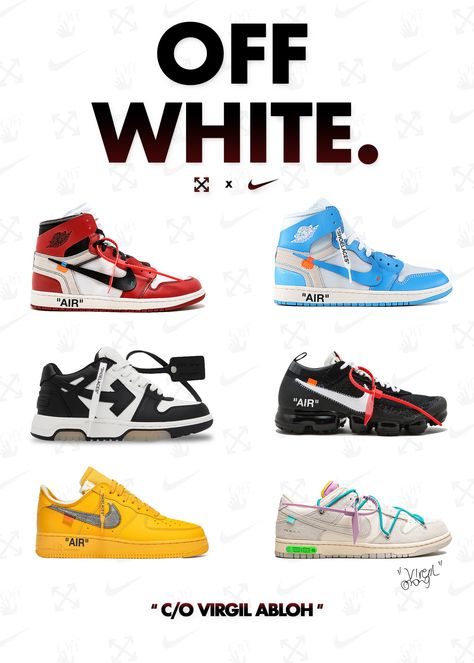 Designed with a keen eye for detail, this hypebeast off white digital poster showcases six distinct pairs of Nike x Off-White shoes that have taken the sneaker world by storm. From the iconic Air Jordan 1 to the highly sought-after Air Presto, each shoe is expertly illustrated to highlight its unique design elements, including the signature Off-White branding and deconstructed aesthetic. Off White Poster, Nike Posters, Deconstructed Aesthetic, Academic Poster, Drip Style, White Branding, Nike Poster, Jordan Off White, Shoe Poster