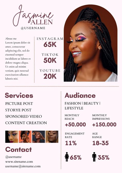 One Page Media Kit for Influencers Tiktok Influencer | Etsy Media Kit For Influencers, Media Kit Examples Business, Influencer Media Kit Design, Media Kits Examples, Social Media Rate Card, Media Kit Influencer Español, Micro Influencer Media Kit, Social Media Kit Template, Influencer Media Kit Examples