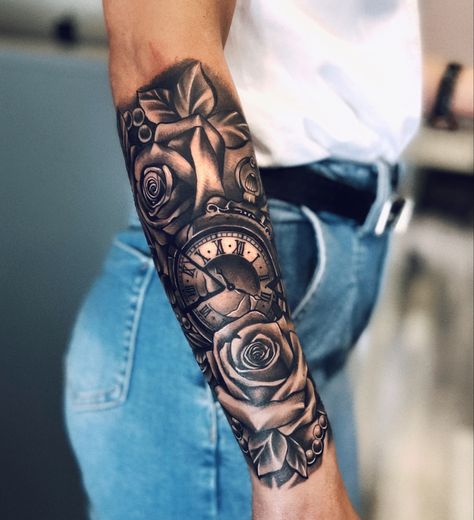 Woman Clock Tattoo, Clock Flowers Tattoo, Forearm Rose Tattoo Women, Clock Rose Tattoo Design, Rose Clock Tattoo, Clock Rose Tattoo, Rose And Clock Tattoo, Clock And Rose Tattoo, Robin Tattoo