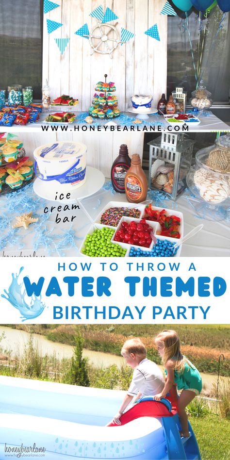 Backyard Water Birthday Party For Kids, Waterslide Themed Birthday Party, At Home Water Birthday Party, Backyard Water Park Birthday Party, Water Party Food Ideas, Water Games For Birthday Party, Water Themed 2nd Birthday Party, Water Park Themed Birthday Party, Splash Pad Birthday Party Decorations