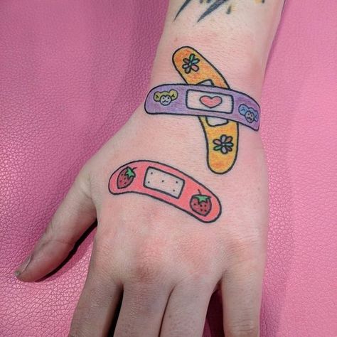 Tattooing 101, Bandage Tattoo, Cousin Tattoos, Tattoo Placements, Men's Small Tattoo, Kawaii Tattoo, Tatuaje A Color, Stickers Kawaii, Poke Tattoo