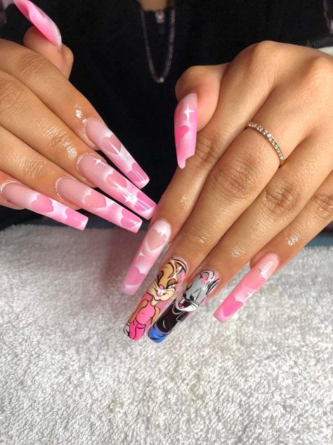 Bugs Bunny And Lola Nails, Lola Bunny Nails, Bugs Bunny Nails, Bratz Nails, Bugs And Lola, Bday Nails, Cartoon Nails, Lola Bunny, Bunny Nails