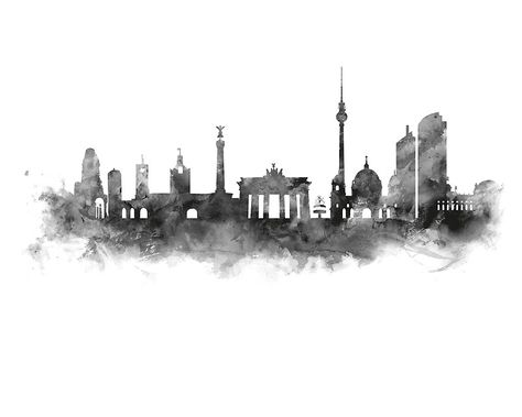 Berlin Skyline #berlin #germany #skyline #cityscape #posters #home #office #decor #blackandwhite #print Germany Watercolor, Pretty Posters, Berlin Skyline, Pablo Neruda, Skyline Art, Black And White Painting, Painting Gift, Berlin Germany, Watercolor Artwork