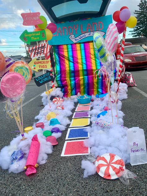 Candy Land Trick Or Trunk, Candyland Themed Parade Float, Diy Candy Land Trunk Or Treat, Easy Candyland Trunk Or Treat, Diy Candyland Trunk Or Treat, Trunk Or Treat Candy Land Ideas, Candyland Fall Festival, Candyland Theme Pep Rally, Halloween Candy Chute Ideas