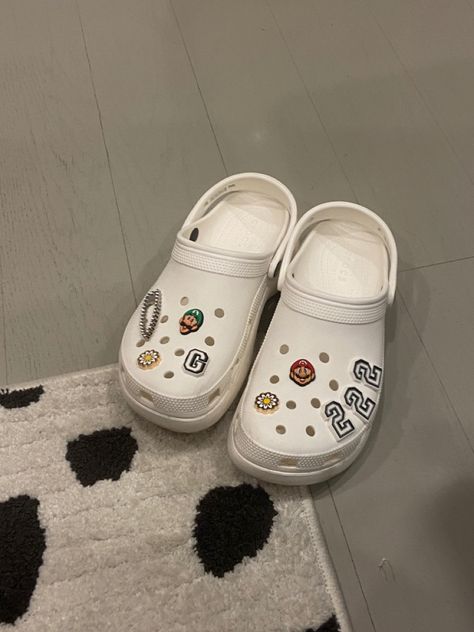 white crocs platform with mario and luigi jibbitz charms Jibits Crocs, Jibbitz Ideas, White Croc Jibbitz Ideas, White Croc Charm Ideas, White Crocs With Jibbitz, White Crocs Jibbitz Ideas, Jibbitz Crocs, White Crocs With Pink Jibbitz, Cute White Crocs With Charms