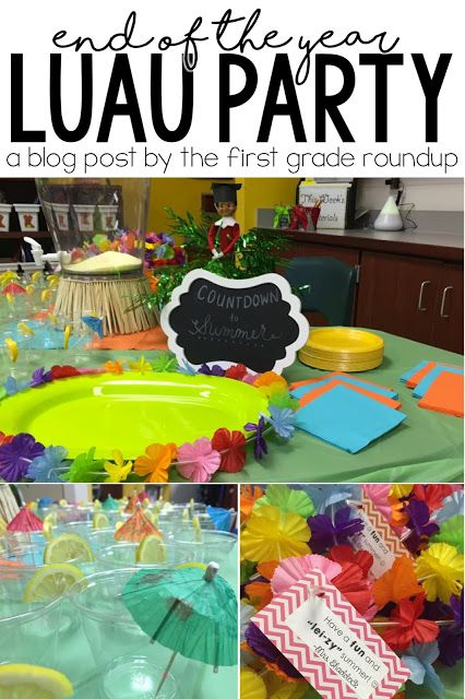 Today was our class awards party for the end of the year in first grade--LUAU style!  Find tons of pictures on our set up, menu, simple and cheap decorations and more! End Of The School Year Party Themes, Kindergarten Luau Party, Class End Of Year Party, Luau Day At School, End Of The Year Luau Classroom Party, First Grade Party Ideas, End Of The Year Theme Days First Grade, End Of The Year Preschool Party, End Of School Year Party Theme