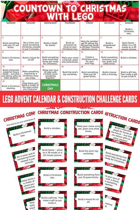 Lego advent calendar and Christmas building challenge cards. Count down to Christmas with Lego! #lego #legobuilding #christmas Lego Directions, Christmas Legos, Lego Crafts, Beaver Scouts, Calendar Challenge, Bible Christmas, Christmas Lego, Christmas Building, Lego Advent Calendar