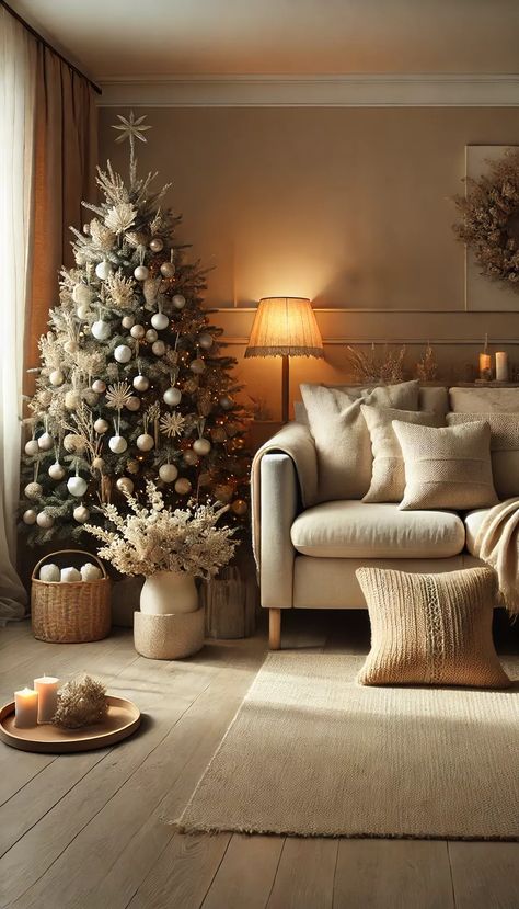 Beige And White Christmas Tree, Cozy Neutral Christmas Decor, Christmas Beige Aesthetic, Christmas Aesthetic Warm, Beige Christmas Aesthetic, Christmas Tree Beige, Minimalist Christmas Wallpaper, Neutral Christmas Aesthetic, Christmas Tree Neutral