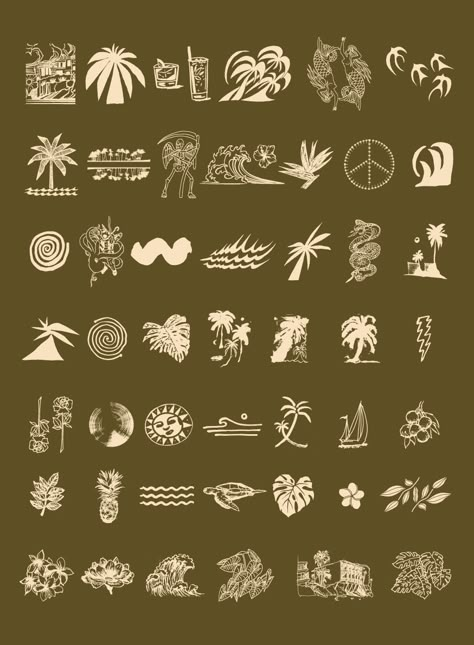 Download tropical vector ornaments Coastal Graphic Design, Summer Design Graphic, Tropical Graphic Design, Hawaiian Symbols, Tropical Branding, Beach Fonts, Tropical Logo, Tropical Elements, Vector Ornaments