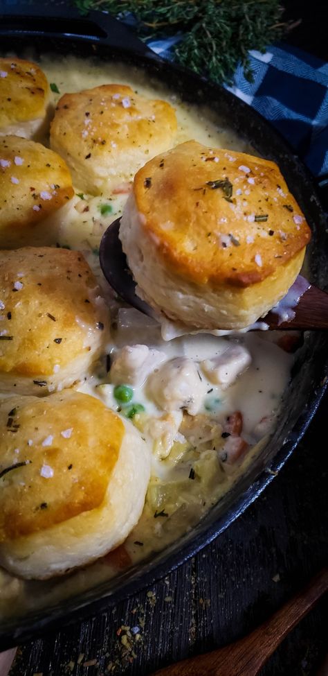 Cast Iron Chicken Pot Pie with Biscuits - Powered By Mom Campbells Chicken Pot Pie, Cast Iron Chicken Pot Pie, Chicken Pot Pie Recipe With Biscuits, Chicken Pot Pie With Biscuits, Pot Pie With Biscuits, Biscuit Pot Pie, Crockpot Chicken Pot Pie, Cast Iron Chicken, Frozen Biscuits