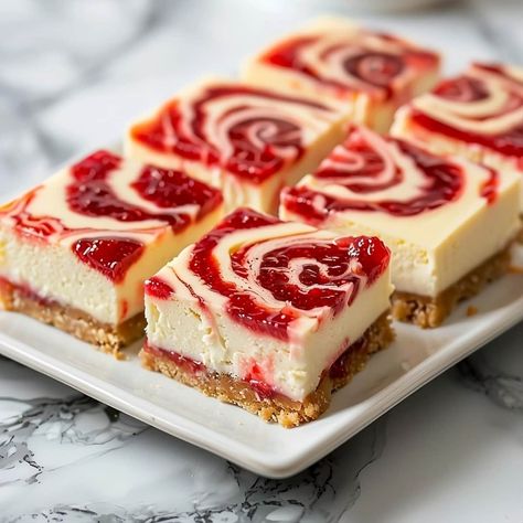 Dessert doesn't get better than these easy strawberry cheesecake bars. They're everything you love in the classic dish, only served in convenient squares. Cheesecake Squares Recipes Easy, Strawberry Cheesecake Bars Easy, Strawberry Cheesecake Squares, Strawberry Cheesecake Bars 9x13, Cheesecake Bars 9x13, Strawberry Cheesecake Bars Recipes, Current Recipes, Holiday Cheesecake, Lean Arms