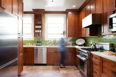 Red Wood Cabinets, Green Tile Backsplash, Tiled Kitchen, Craftsman Style Kitchen, Green Subway Tile, Craftsman Trim, Tile Backsplash Bathroom, Green Backsplash, Subway Tile Backsplash Kitchen