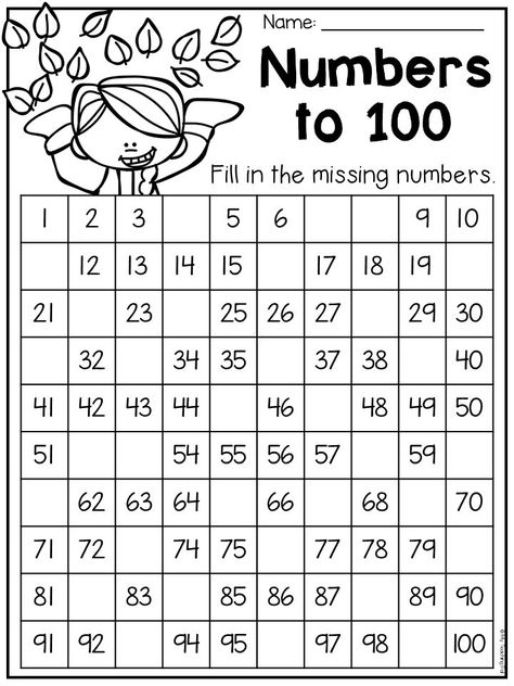 Numbers to 100 worksheet for first grade. Fill in the missing numbers to 100. This Fall Kindergarten Math and Literacy Worksheet Pack features 58 NO PREP worksheets. The pack includes a number of diverse activities relating to spelling, digraphs, short vowels, long vowels, CVC words, blends, punctuation, nouns, adjectives, verbs, number order, counting, data/graphing, number sense, addition, subtraction, place value, shapes, halves, word problems and so much more!! Beginning Math, First Grade Math Worksheets, Math Sheets, Prep Worksheets, Literacy Worksheets, First Grade Worksheets, Fall Math, Worksheet For Kids, Missing Numbers