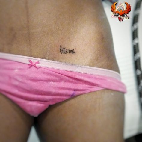 Tattoo Near Bra Line, Tattoos On Private Area, Private Area Tattoos, Tattoo Pubic Area, Bite Me Tattoo Buttcheek, Private Tattoos For Women, Eat Me Tattoo On Hip, Secret Tattoos For Women, Bra Tattoo