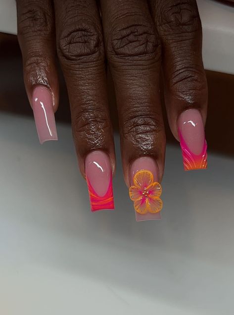 Vacation Square Nails, Vacation Nails Jamaica, Ombré Nail Ideas, Yellow Vacation Nails, Carribean Vacation Nails, Thailand Nails Designs, Brazil Nails Design, Tropical French Tip Nails, Pink And Peach Nails