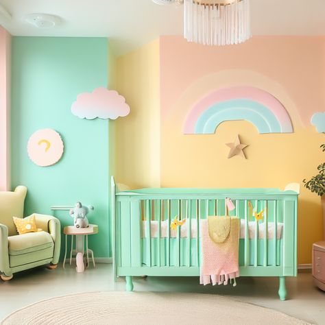 Cotton Candy Nursery, Bright And Colorful Nursery, Pastel Nursery Ideas, Pastel Baby Room, Pastel Baby Nursery, Rainbow Themed Nursery, Beige Mom, Pastel Rainbow Nursery, Colorful Baby Nursery