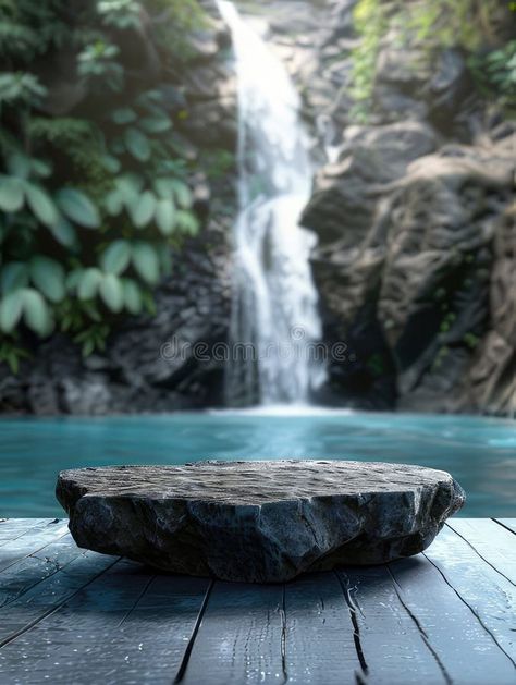 Stone in the foreground as an empty podium on a wooden deck with a waterfall in the background. AI-generated content. royalty free stock image Content Illustration, Texture Poster, Waterfall Background, Wooden Deck, Poster Background, Wooden Decks, Stock Images Free, The Back, Stock Illustration