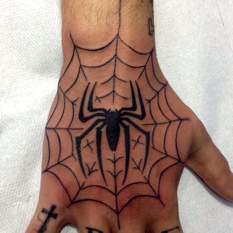 Spider Man Tattoos Ideas, Spider Man Hand Tattoo, Spider Web Tattoo On Hand, Spiderman Hand Tattoo, Spiderweb Hand Tattoo, Spider Web Hand Tattoo, Spider Tattoo On Hand, Spider Hand Tattoo, Spider Web Tattoos