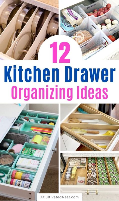 12 Space Saving Kitchen Drawer Organization Ideas- It'll be so much easier to find things fast in your kitchen when you use these space saving kitchen drawer organization tips! | #organization #homeOrganization #kitchenOrganization #organize #ACultivatedNest What To Store In Deep Kitchen Drawers, Organizing Kitchen Drawers, Kitchen Drawer Organization Ideas, Organizing Cabinets, Storage Saver, Drawer Organization Ideas, Dresser Top Organization Ideas, Hard Sauce, Diy Drawer Organizer