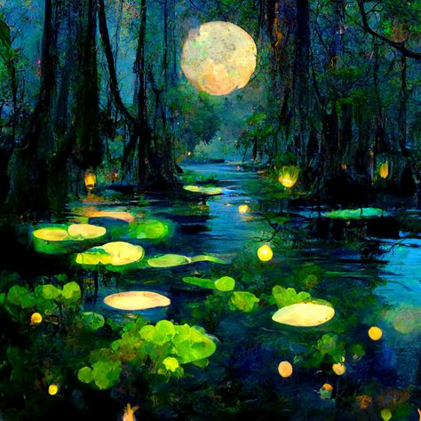 Sleepy lagoon moon forest swamp creek fairy lights floating glow arabesque tiny boat trees moss night Louisiana beautiful 4K Impressionism jazz green fireflies Forest Night Sky Painting, Pond At Night Aesthetic, Forest Pond Painting, Firefly Forest Painting, Swamp Painting Easy, Night Lake Painting, Enchanted Painting Ideas, How To Paint Glowing Effect Acrylic, Forest At Night Painting