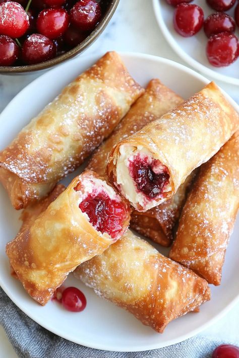 Cream Cheese Cherry Pie, General Tso Shrimp, Cheesecake Egg Rolls, Egg Rolls Baked, Unique Recipes Desserts, Vegetable Egg Rolls, Homemade Cherry Pies, Crispy Egg, Peach Dessert Recipes