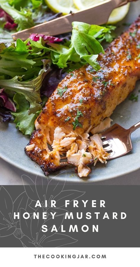 Enjoy the sweet and tangy glaze on this 8 minute air fryer honey mustard salmon for a quick and flavorful healthy seafood dinner. Air Fryer Salmon Recipes Honey Mustard, Salmon Macro Recipe, Air Fryer Salmon Recipes Dijon Mustard, October Meals, Honey Mustard Salmon Recipes, Mindful Meals, Healthy Seafood Dinners, Air Fryer Recipes Salmon, Honey Mustard Salmon