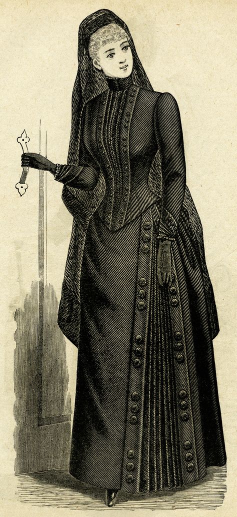 Victorian lady clip art, antique mourning dress, black and white illustration, vintage halloween clipart, Victorian fashion image Black Victorian Dress, The Woman In Black, 1900 Fashion, 1880s Fashion, Dress Illustration, Woman In Black, Victorian Costume, Sweeney Todd, Victorian Goth