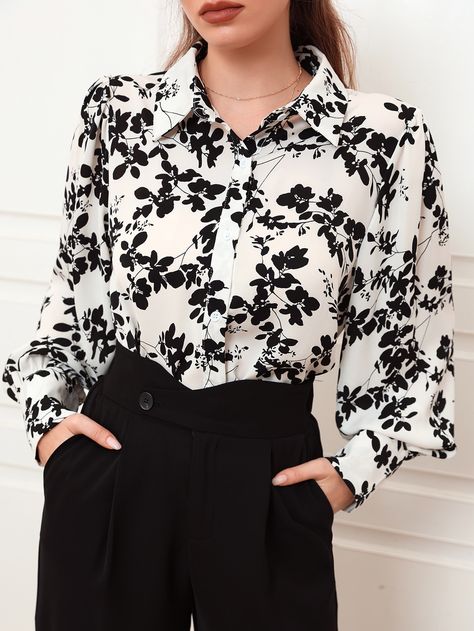 Floral Blouse Outfit, Floral Shirt Outfit, Black Floral Shirt, Fancy Shirt, Chiffon Shirt Blouse, Women Floral Blouse, Chiffon Floral, Floral Print Shirt, Black And White Blouse