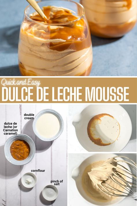 Dulce de leche in two glasses, drizzled with dulce de leche sauce. Whipped Egg Whites Desserts, Carnation Caramel Recipes, Dulce De Leche Cake Recipes Easy, Caramel Mousse Recipe, Christmas Canapés, Vanilla Bean Mousse, Whipped Caramel, Carnation Caramel, Mousse Recipes Easy