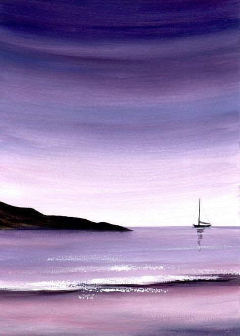 SEASCAPE WATERCOLOUR PAINTING A4 Sarah Featherstone, Sea At Dusk, Beach, Purple Purple Watercolour Painting, Purple Beach Painting, Purple Sunset Painting, Watercolour Beach, Dusk Painting, Fan Ideas, Drawing Sky, Sunset Beach Pictures, Dusk Sky