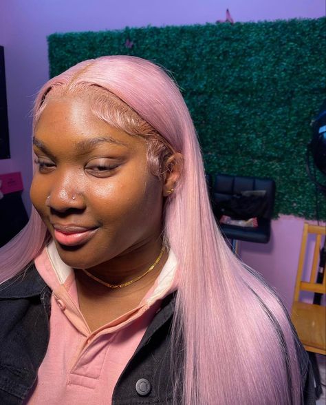 Light Pink Lace Front Wig, Colored Wigs On Dark Skin, Light Pink Wig, Fringe Wig, Light Pink Hair, Dyed Hair Inspiration, Pink Wig, Natural Hair Styles Easy, Dope Hairstyles