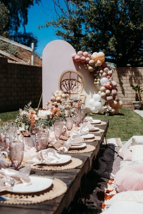 Kara's Party Ideas Blushing Boho Bridal Shower | Kara's Party Ideas Boho Wedding Shower Food, Boho Chic Bridal Shower Ideas, Wedding Shower Food Ideas, Coachella Bachelorette, Boho Bridal Shower Ideas, Boho Floral Arrangements, Boho Tea Party, Bridal Shower Party Ideas, Tea Pic